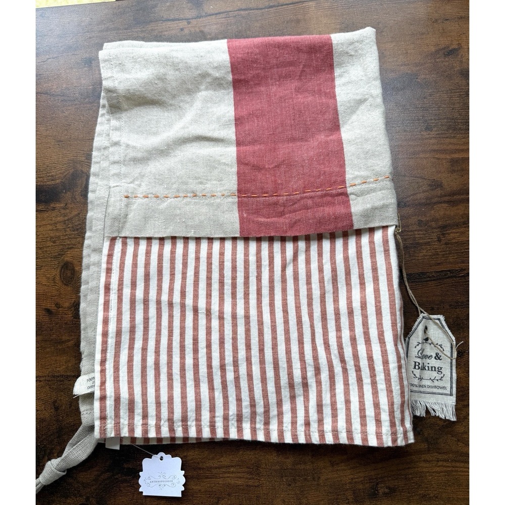 Anthropologie Love & Baking Dish Towel New Ivory Linen 21x28 Red Stripes Kitchen